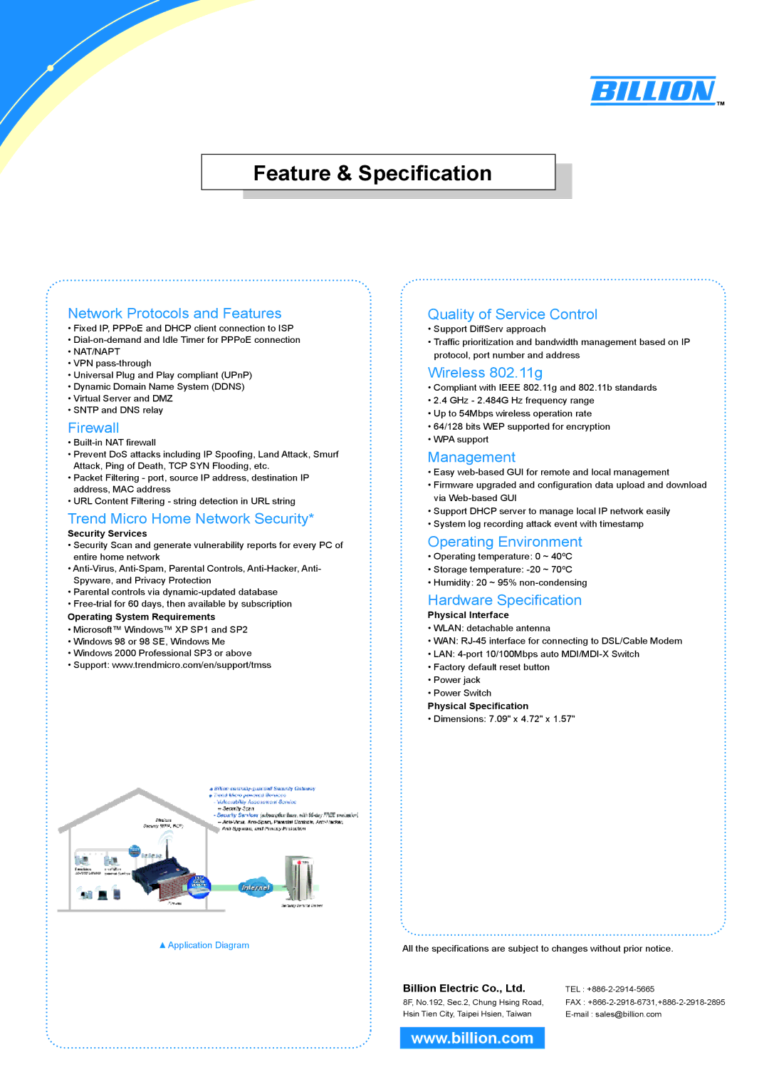 Billion Electric Company 6700G Network Protocols and Features, Firewall, Trend Micro Home Network Security, Management 