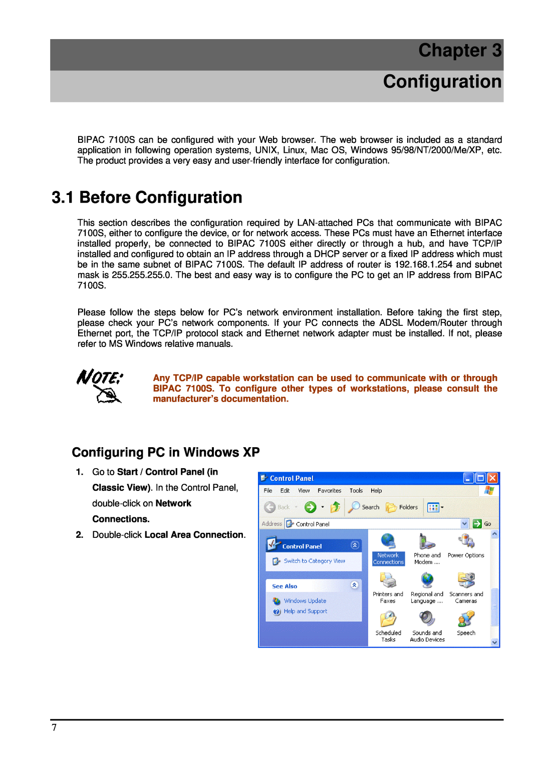 Billion Electric Company 7100S user manual Chapter Configuration, Before Configuration, Configuring PC in Windows XP 