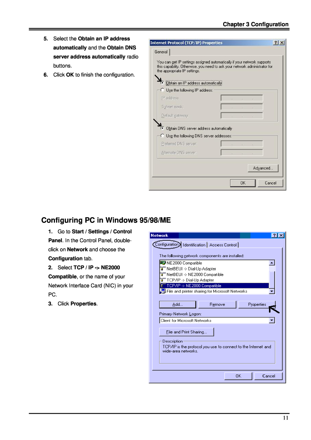 Billion Electric Company 7100S user manual Configuring PC in Windows 95/98/ME, Configuration, Click Properties 