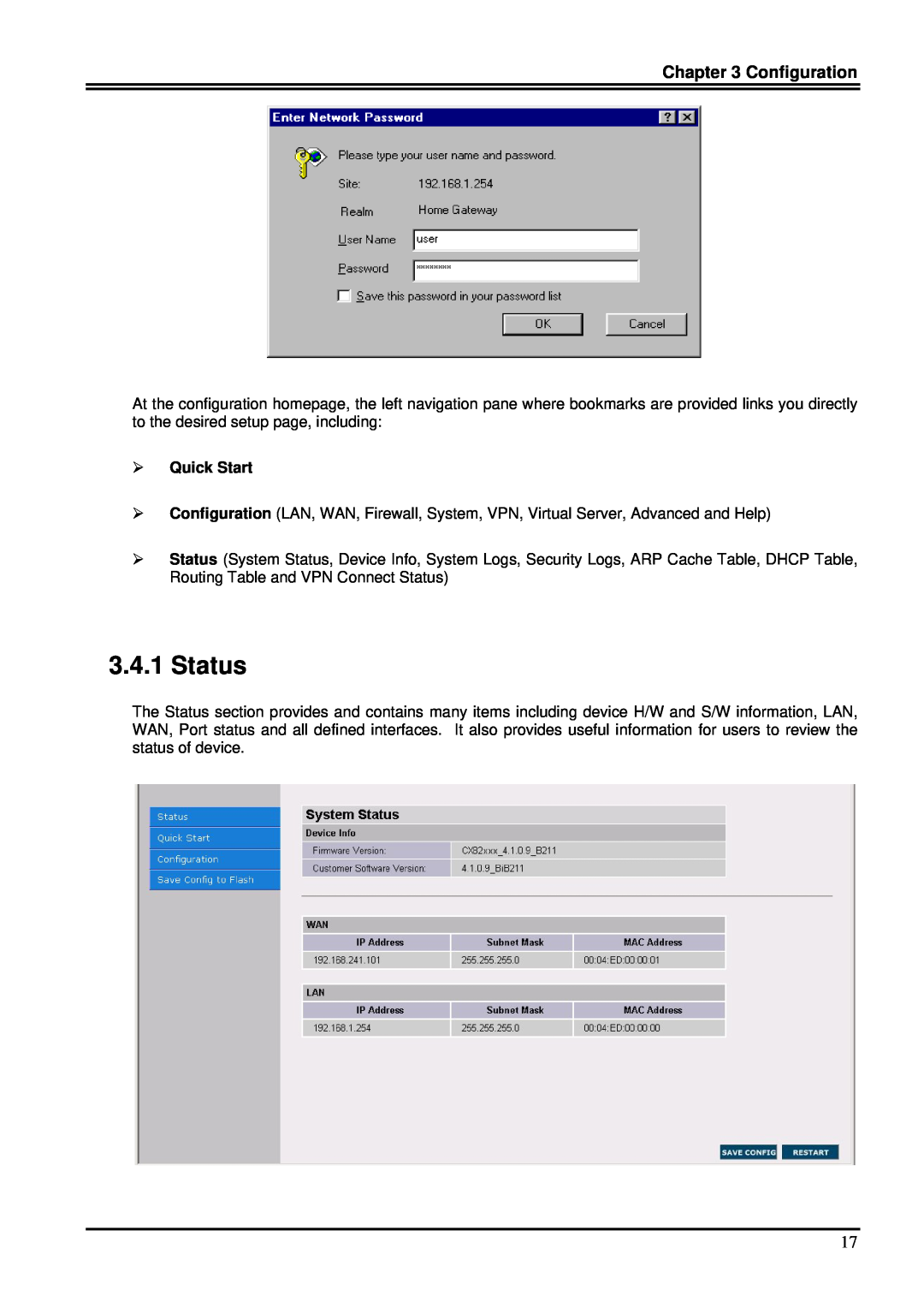 Billion Electric Company 7100S user manual Status, Configuration, Quick Start 