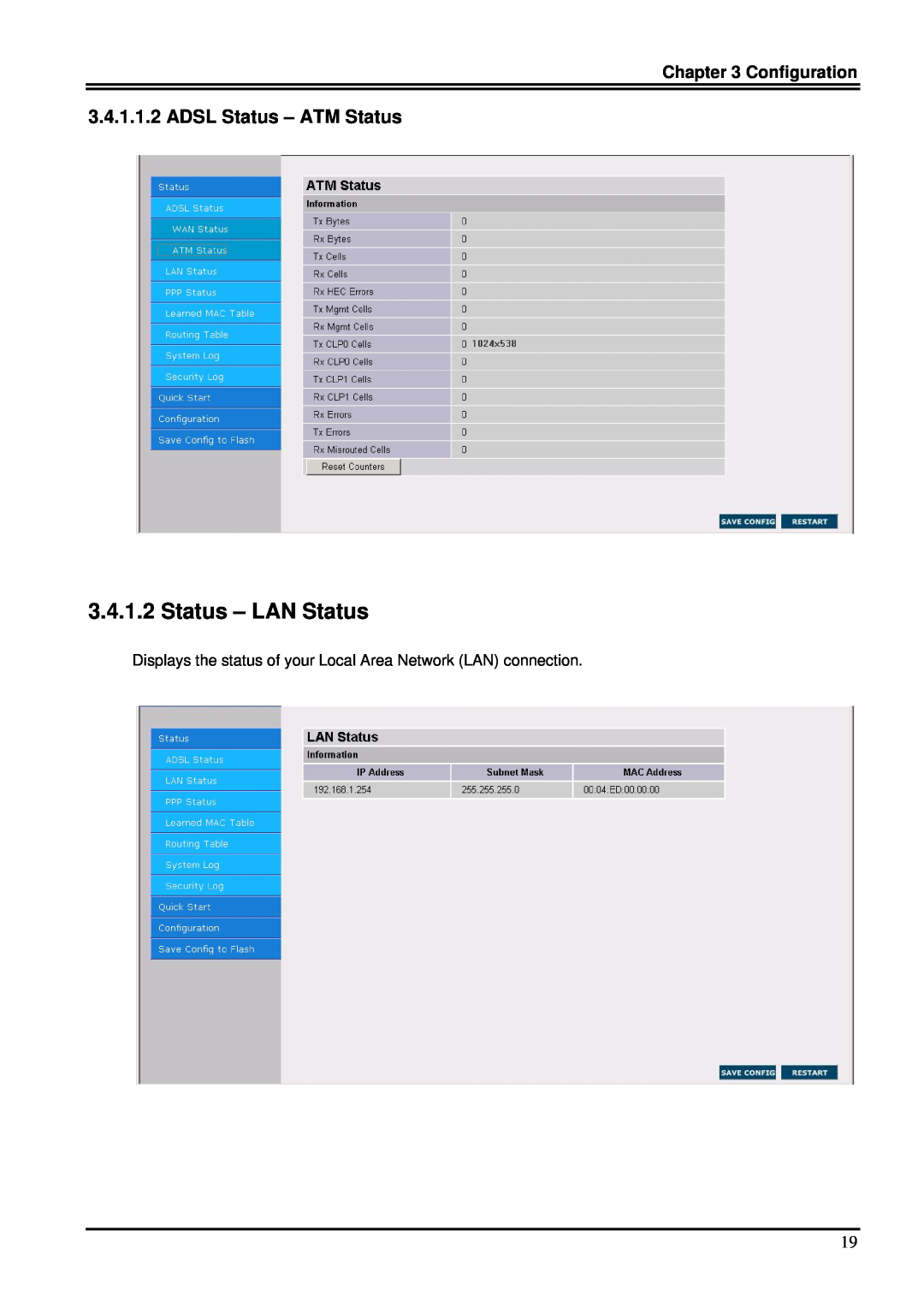 Billion Electric Company 7100S user manual Status - LAN Status, ADSL Status - ATM Status, Configuration 