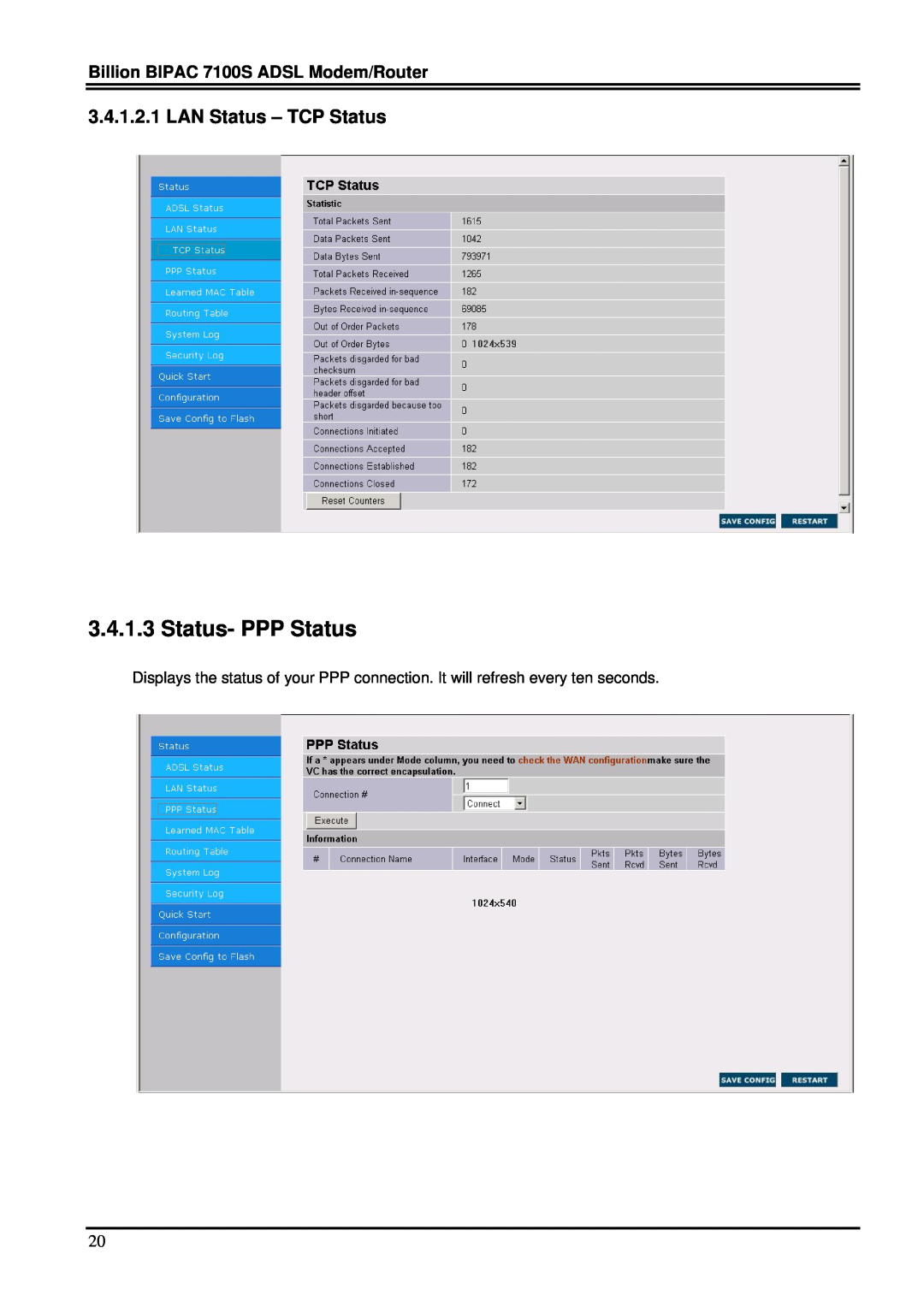 Billion Electric Company user manual Status- PPP Status, LAN Status - TCP Status, Billion BIPAC 7100S ADSL Modem/Router 