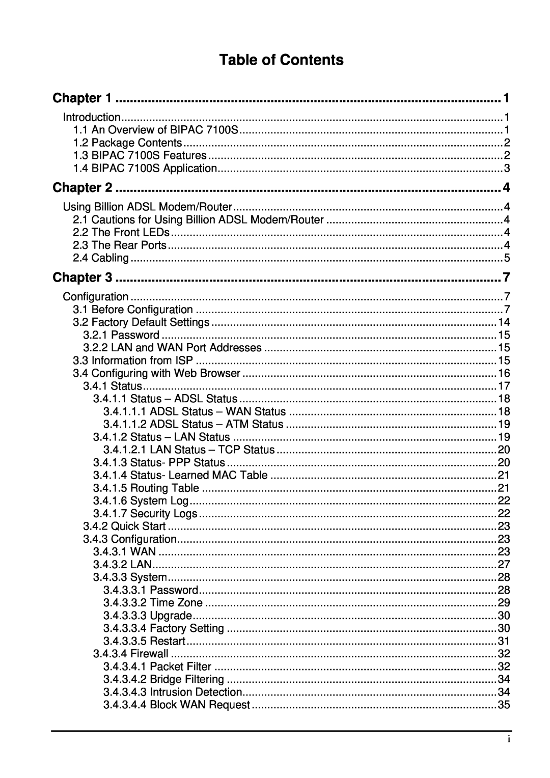 Billion Electric Company 7100S user manual Table of Contents, Chapter 