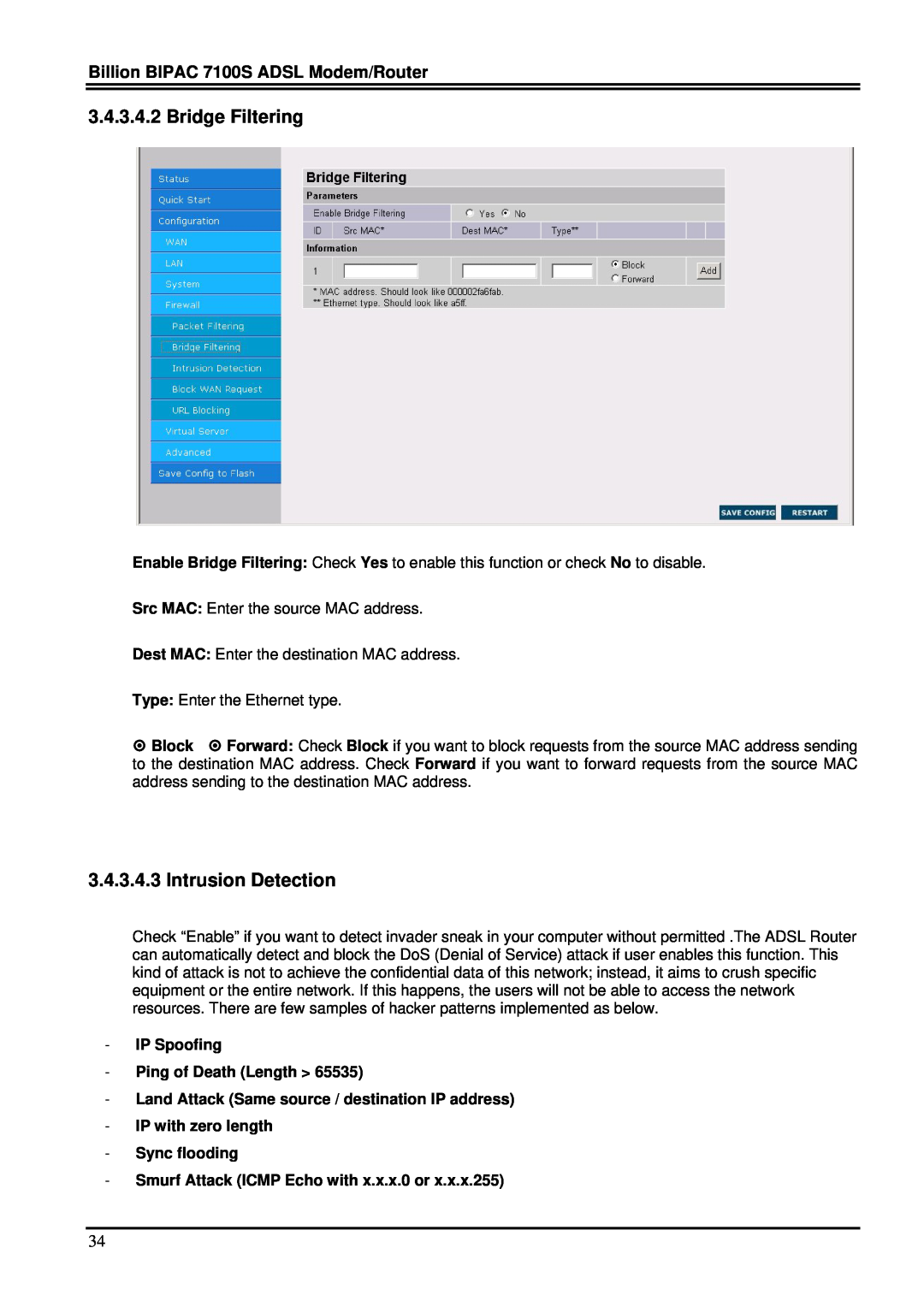 Billion Electric Company user manual Bridge Filtering, Intrusion Detection, Billion BIPAC 7100S ADSL Modem/Router 
