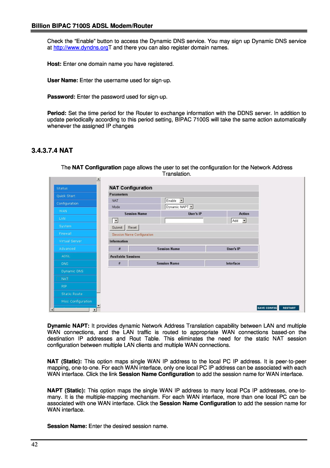 Billion Electric Company user manual 3.4.3.7.4 NAT, Billion BIPAC 7100S ADSL Modem/Router 