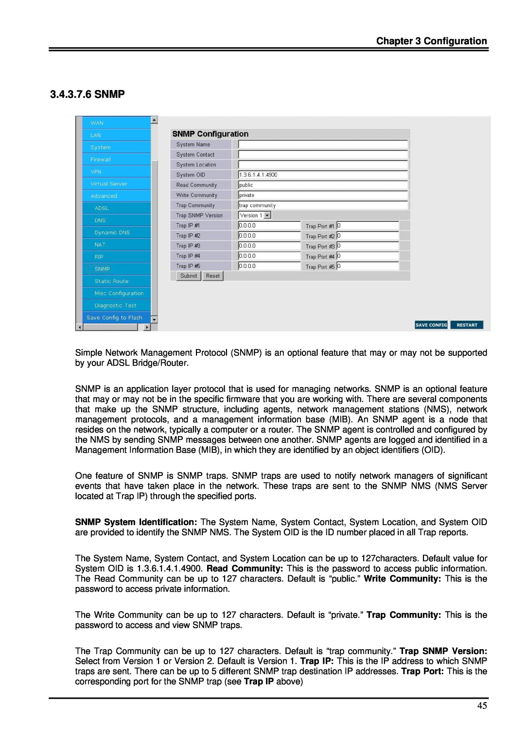 Billion Electric Company 7100S user manual Snmp, Configuration 