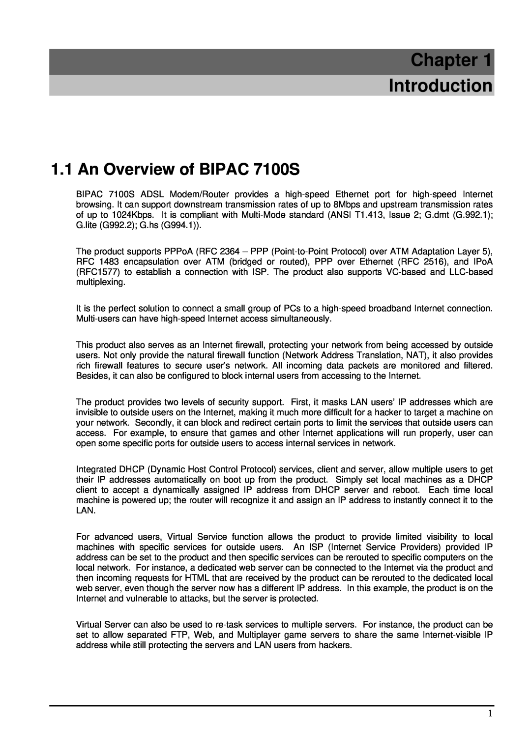 Billion Electric Company user manual Chapter Introduction, An Overview of BIPAC 7100S 
