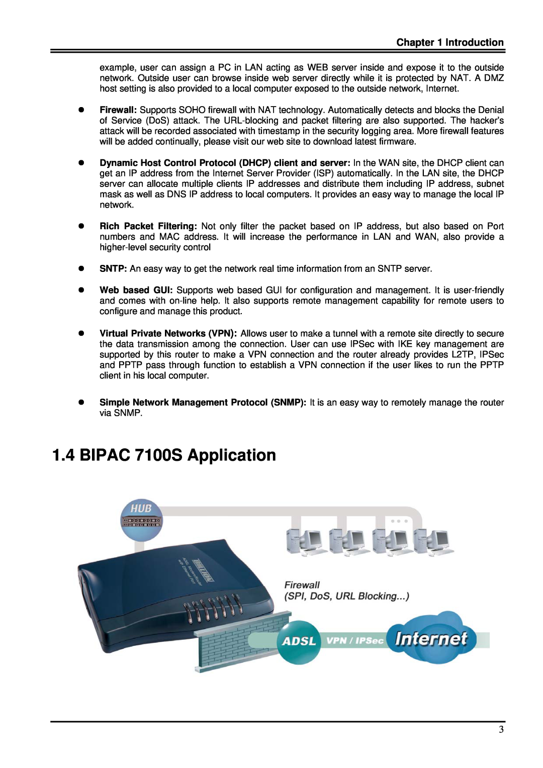 Billion Electric Company user manual BIPAC 7100S Application, Introduction 