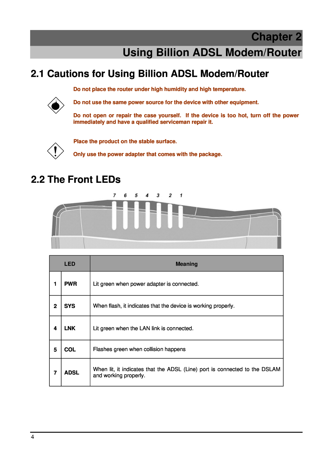 Billion Electric Company 7100S Chapter Using Billion ADSL Modem/Router, Cautions for Using Billion ADSL Modem/Router, Adsl 