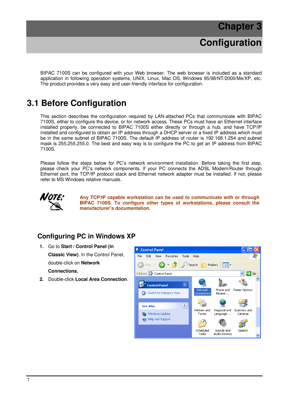 Billion Electric Company 7100S user manual Before Configuration, Configuring PC in Windows XP 