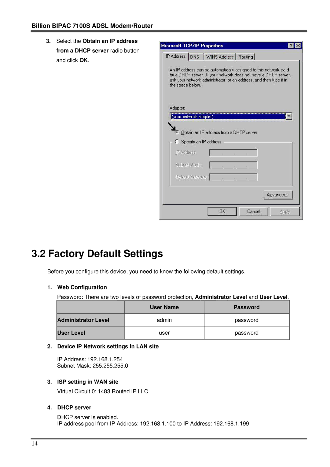 Billion Electric Company 7100S user manual Factory Default Settings 