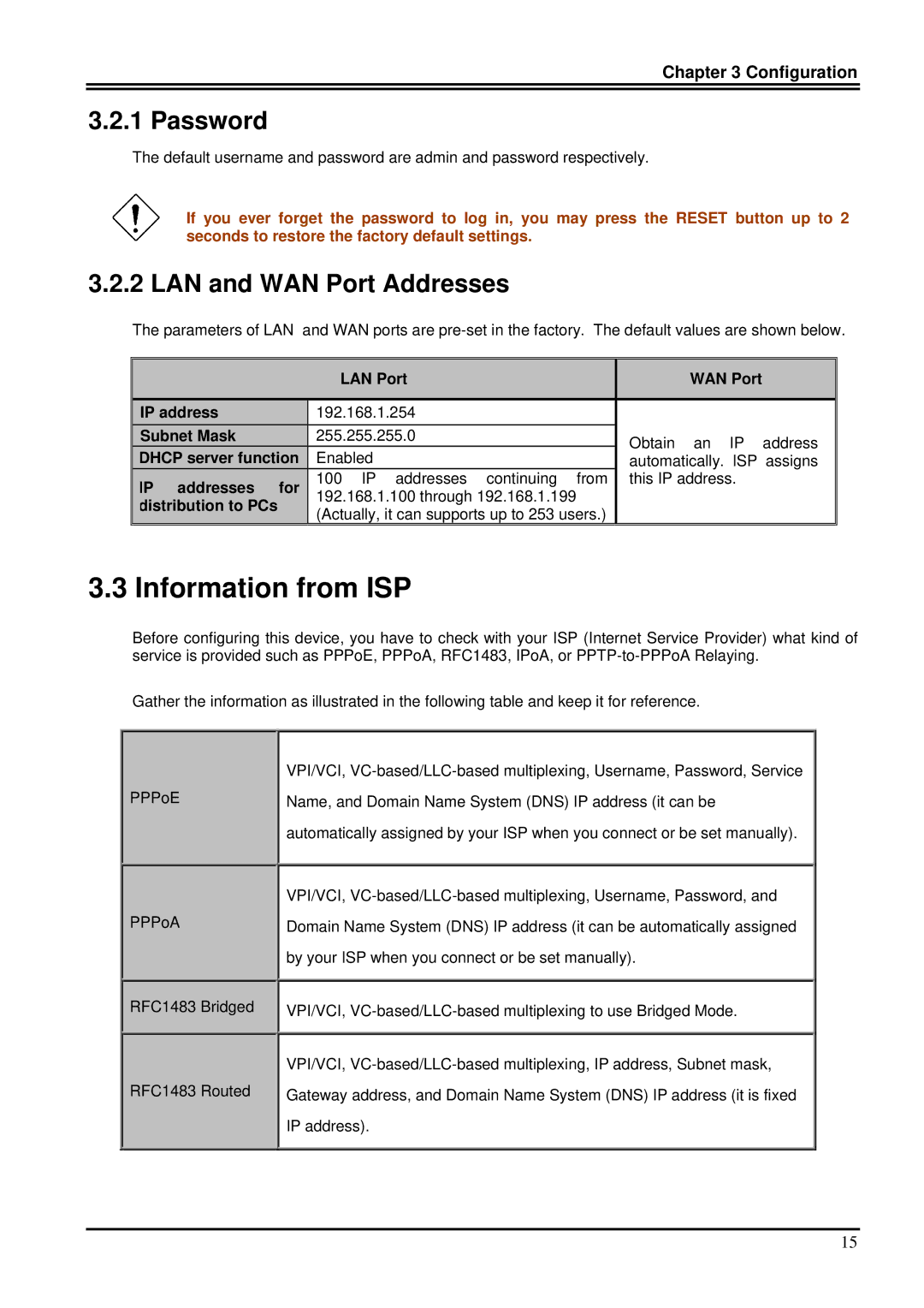 Billion Electric Company 7100S Information from ISP, LAN Port WAN Port IP address, Dhcp server function, IP addresses for 