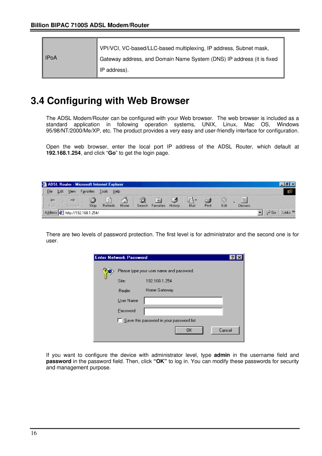 Billion Electric Company 7100S user manual Configuring with Web Browser 