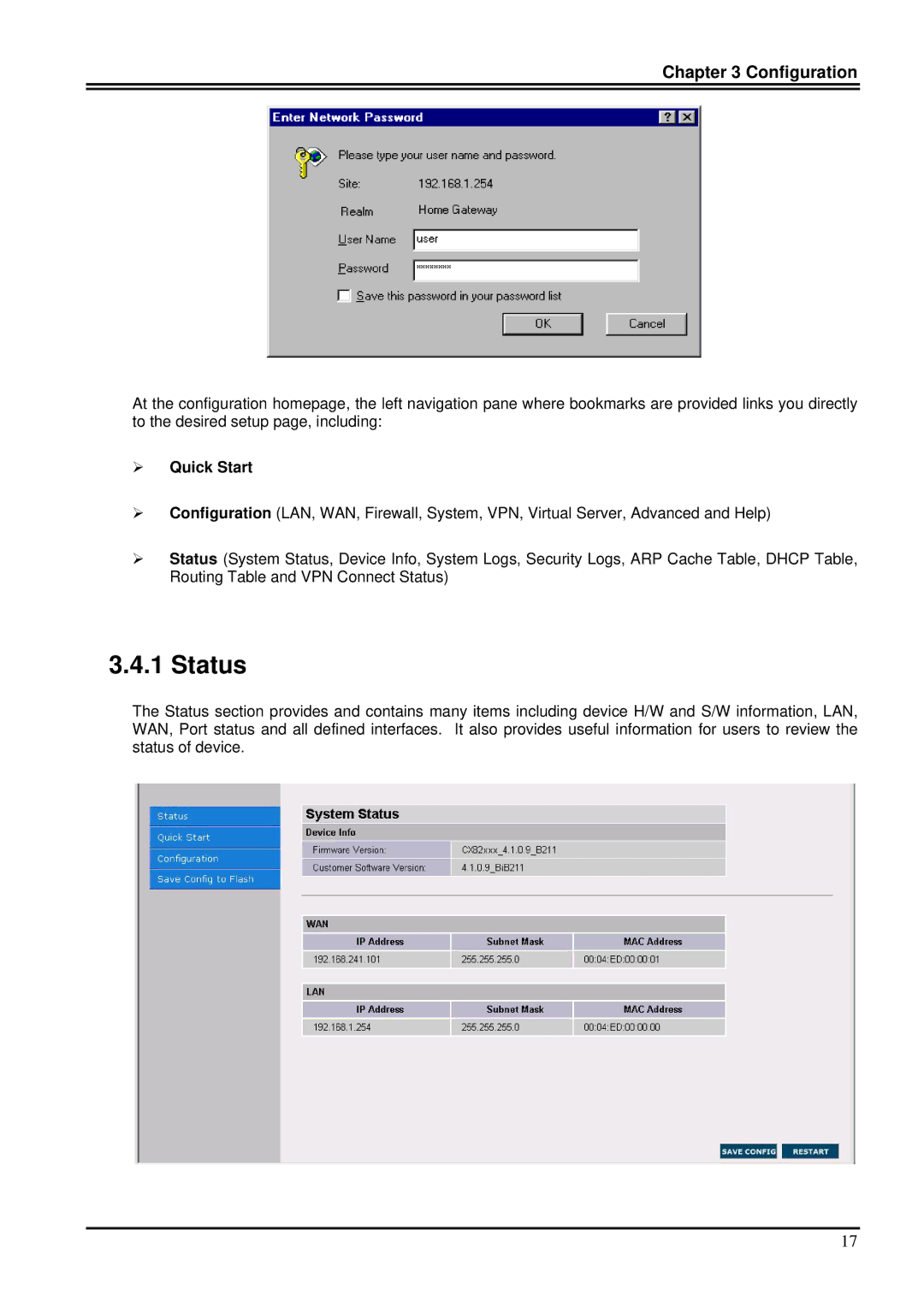 Billion Electric Company 7100S user manual Status, Quick Start 