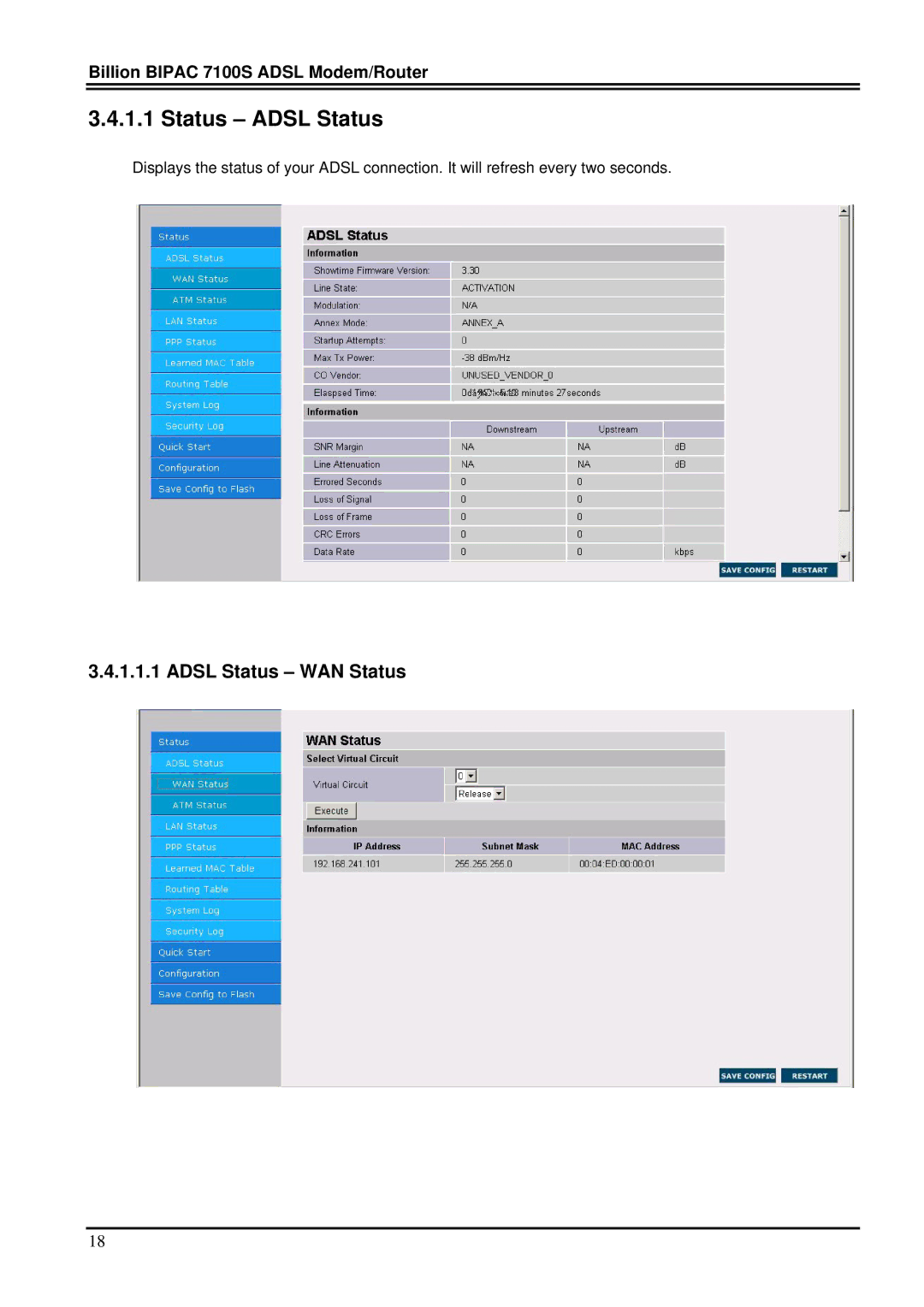 Billion Electric Company 7100S user manual Status Adsl Status, Adsl Status WAN Status 