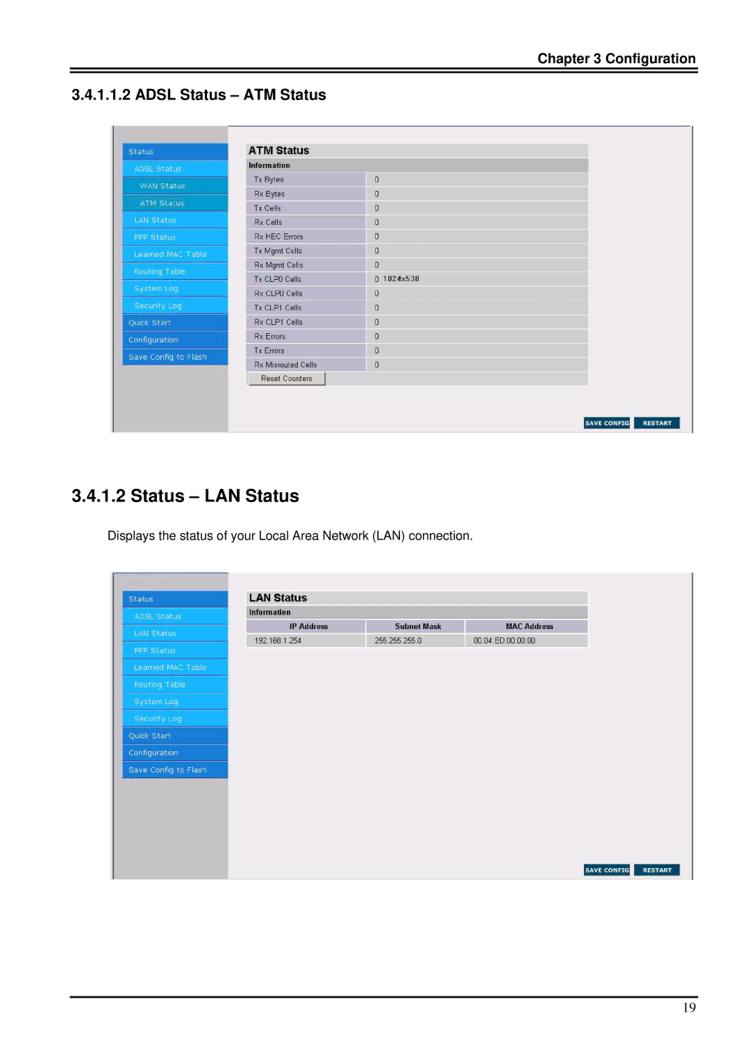 Billion Electric Company 7100S user manual Status LAN Status, Adsl Status ATM Status 