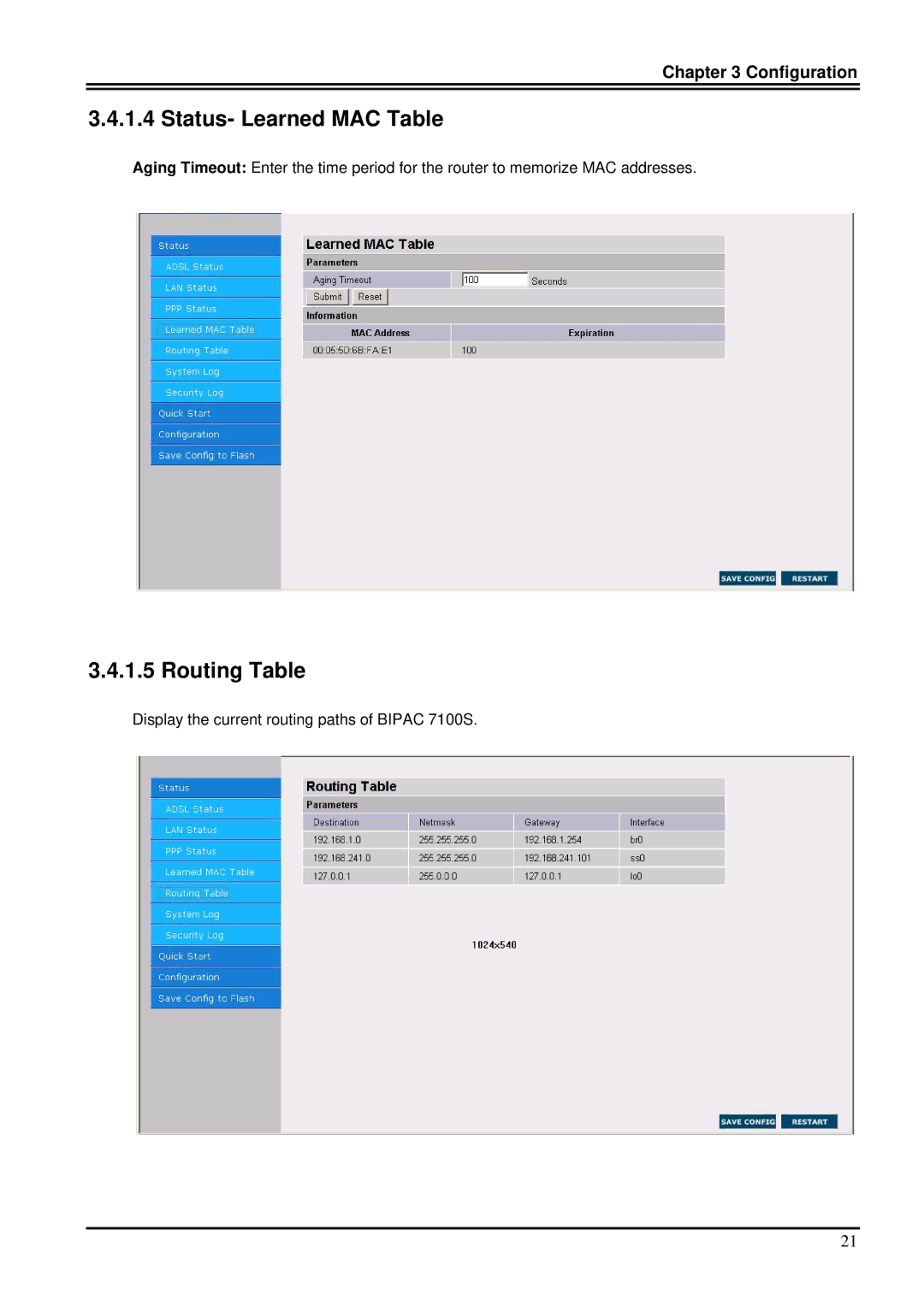 Billion Electric Company 7100S user manual Status- Learned MAC Table, Routing Table 