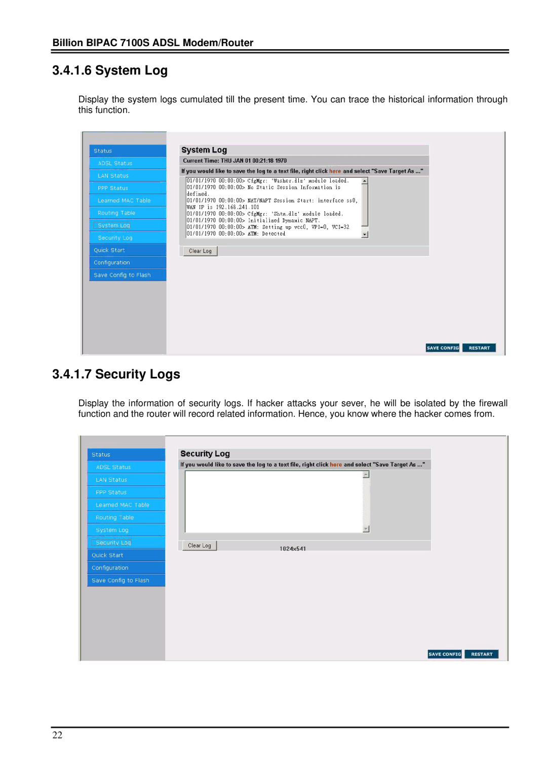 Billion Electric Company 7100S user manual System Log, Security Logs 