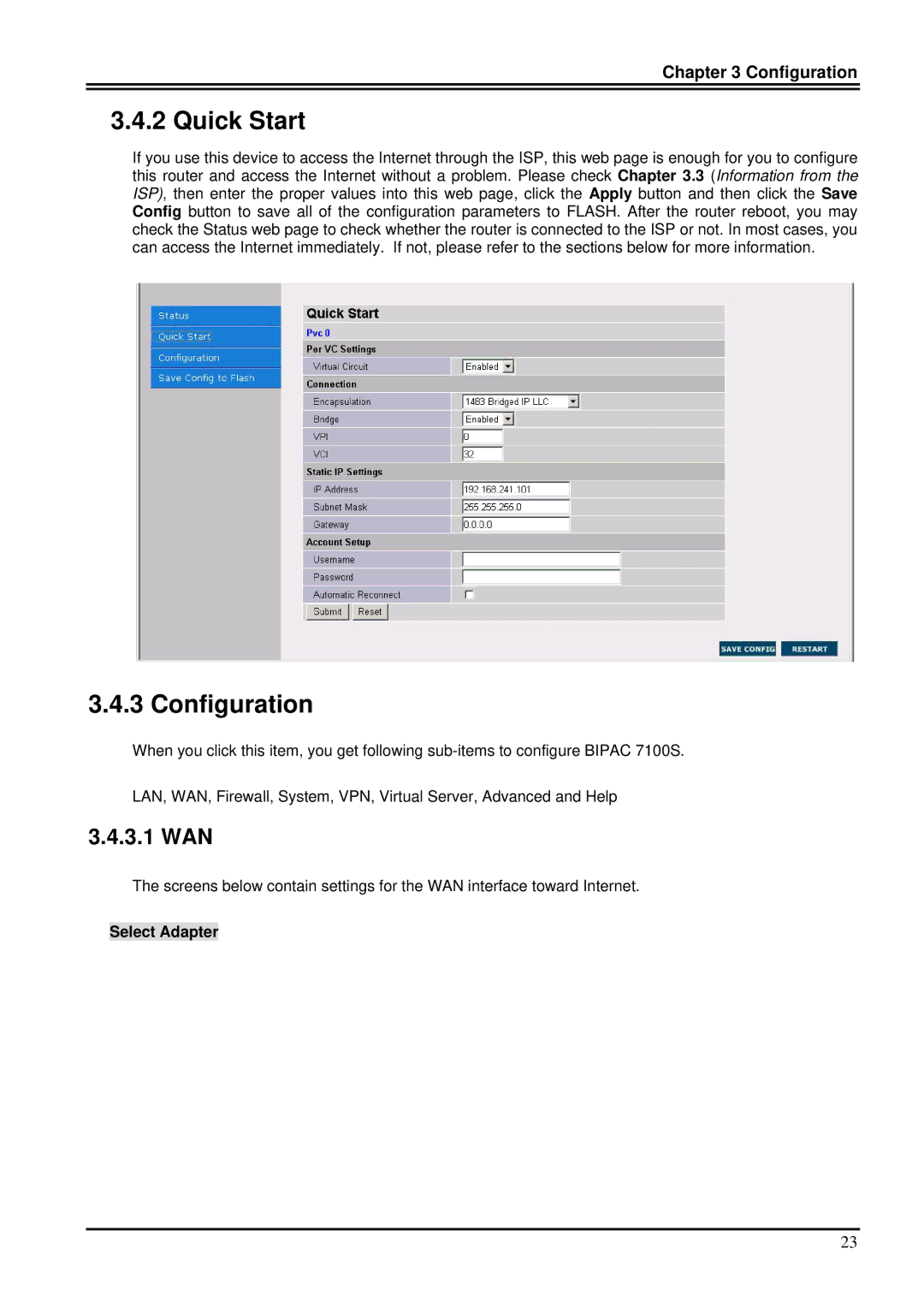 Billion Electric Company 7100S user manual 3.1 WAN, Select Adapter 