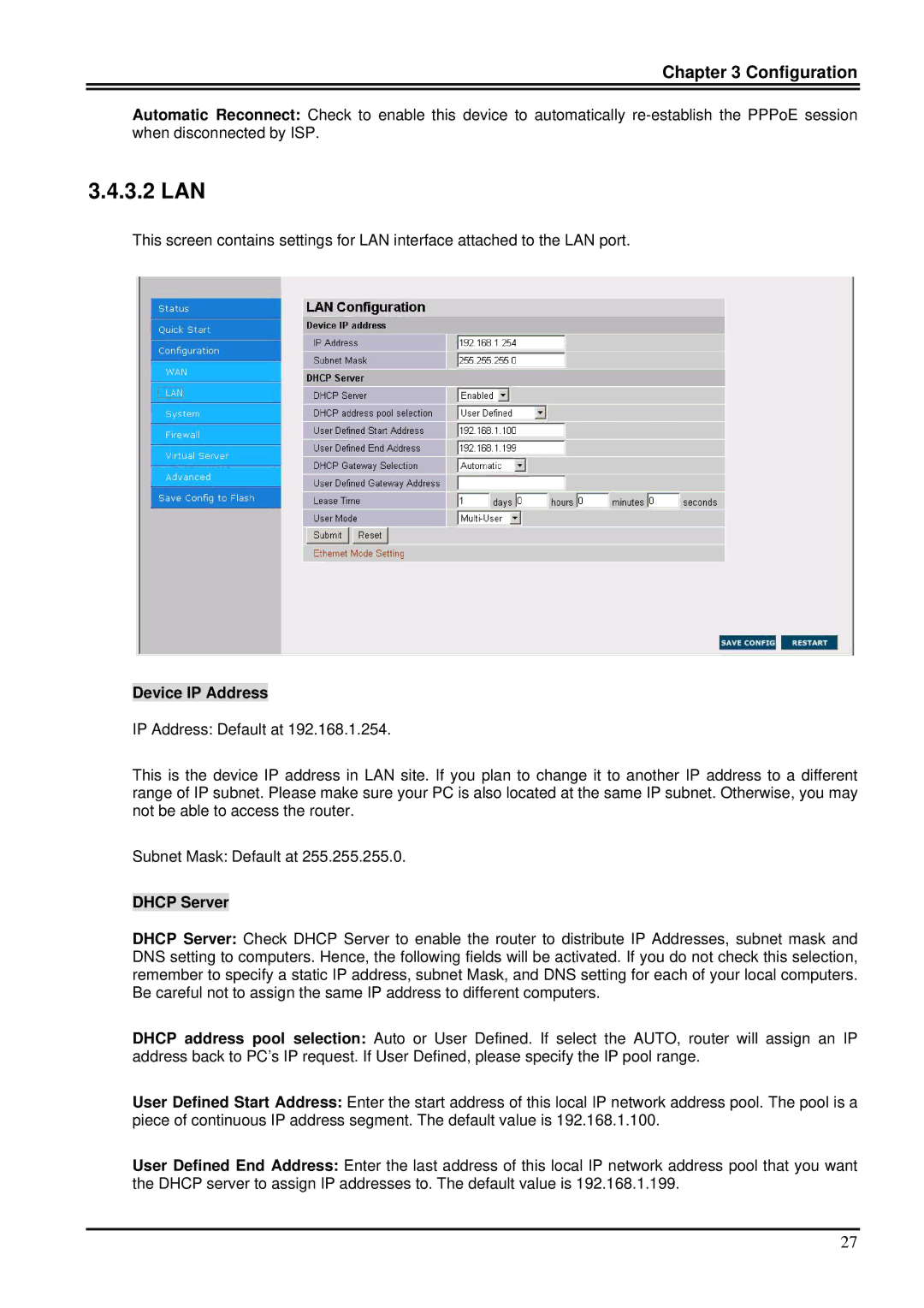 Billion Electric Company 7100S user manual 3.2 LAN, Device IP Address 