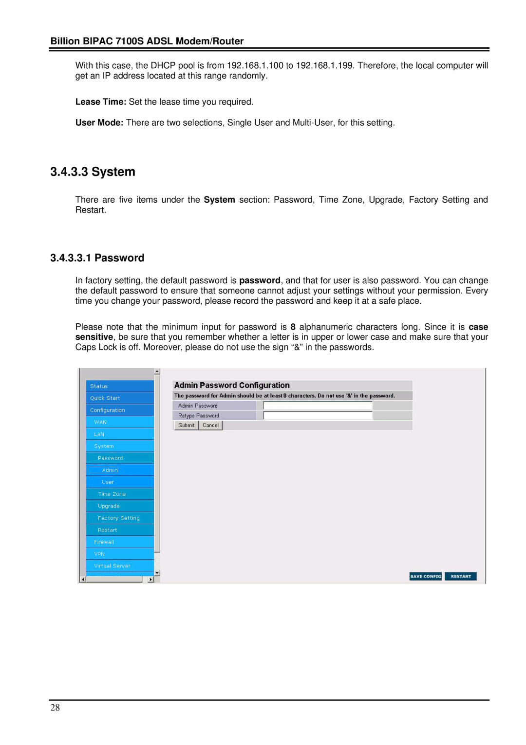 Billion Electric Company 7100S user manual System, Password 