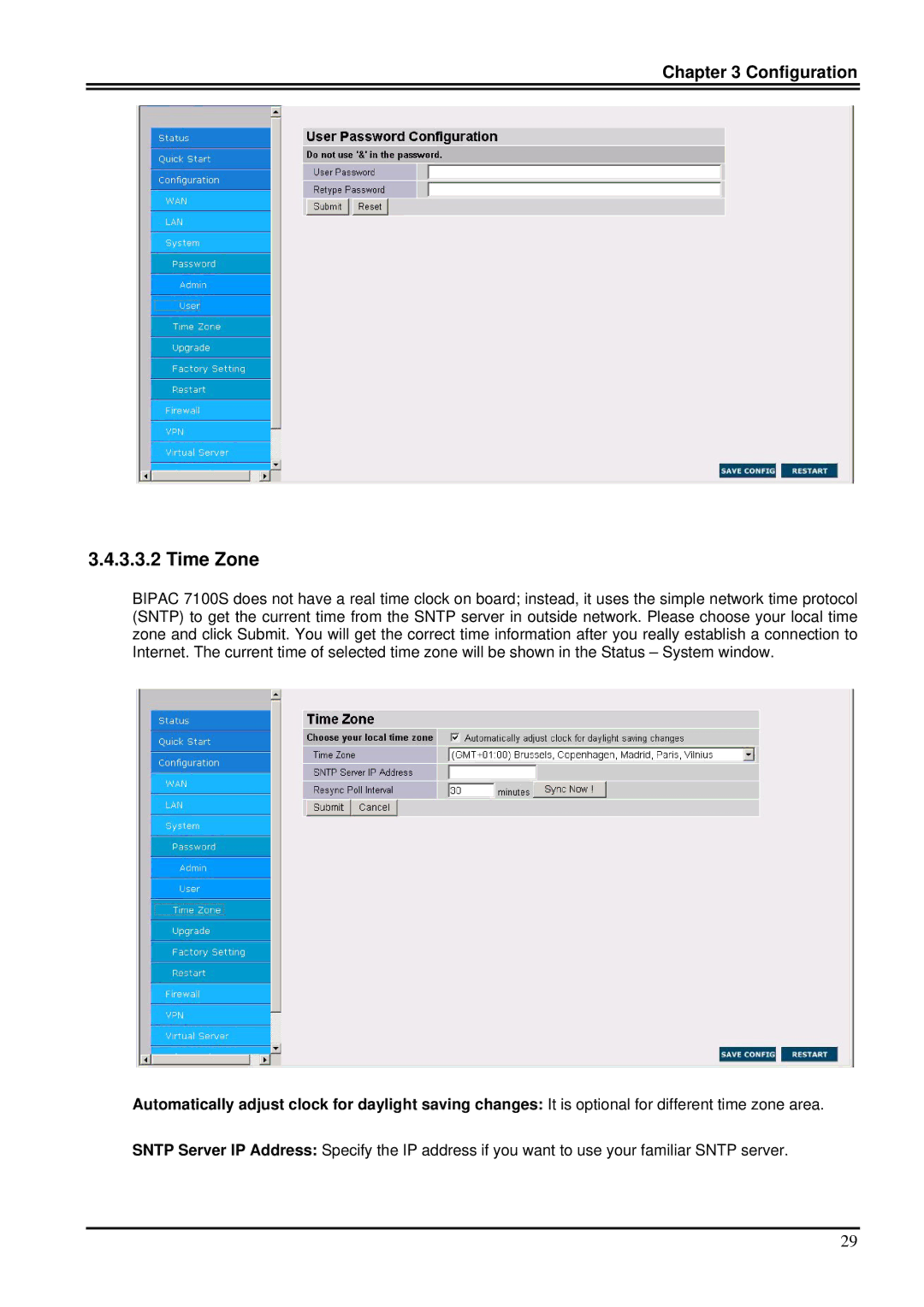 Billion Electric Company 7100S user manual Time Zone 