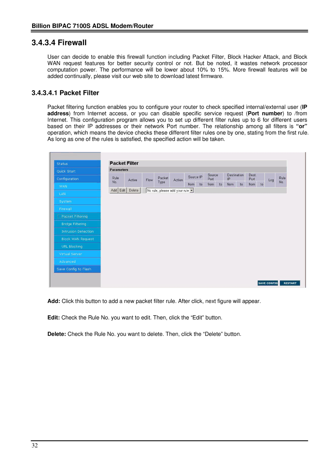 Billion Electric Company 7100S user manual Firewall, Packet Filter 