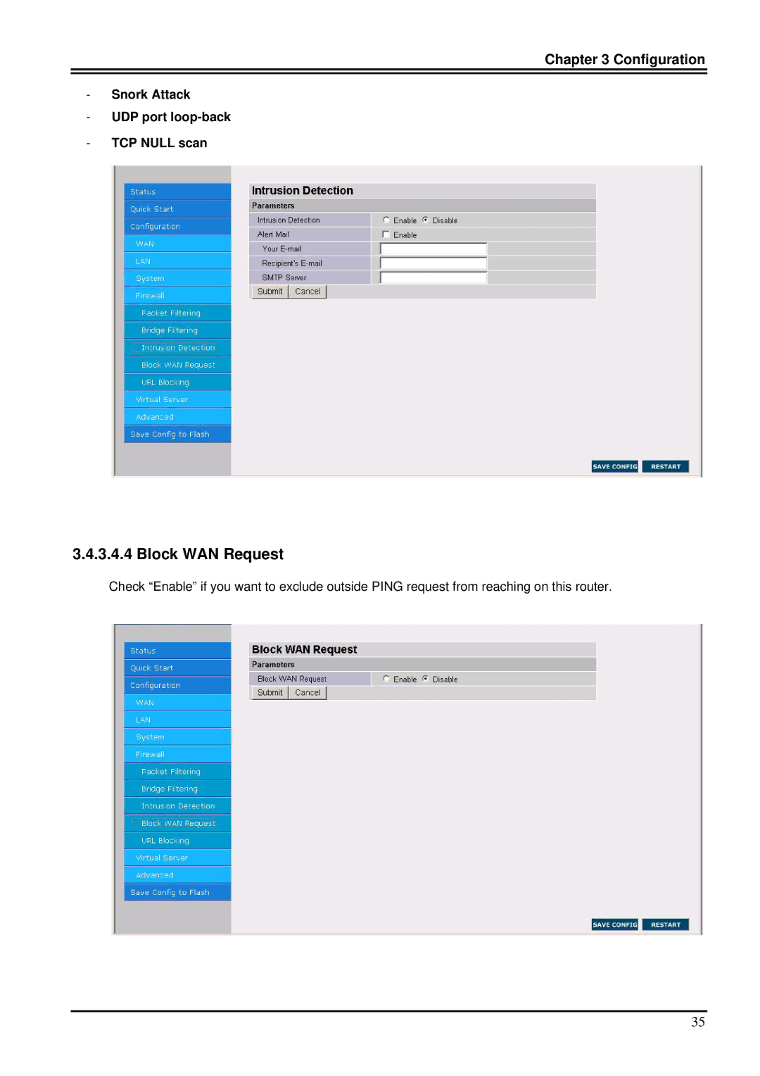 Billion Electric Company 7100S user manual Block WAN Request, Snork Attack UDP port loop-back TCP Null scan 