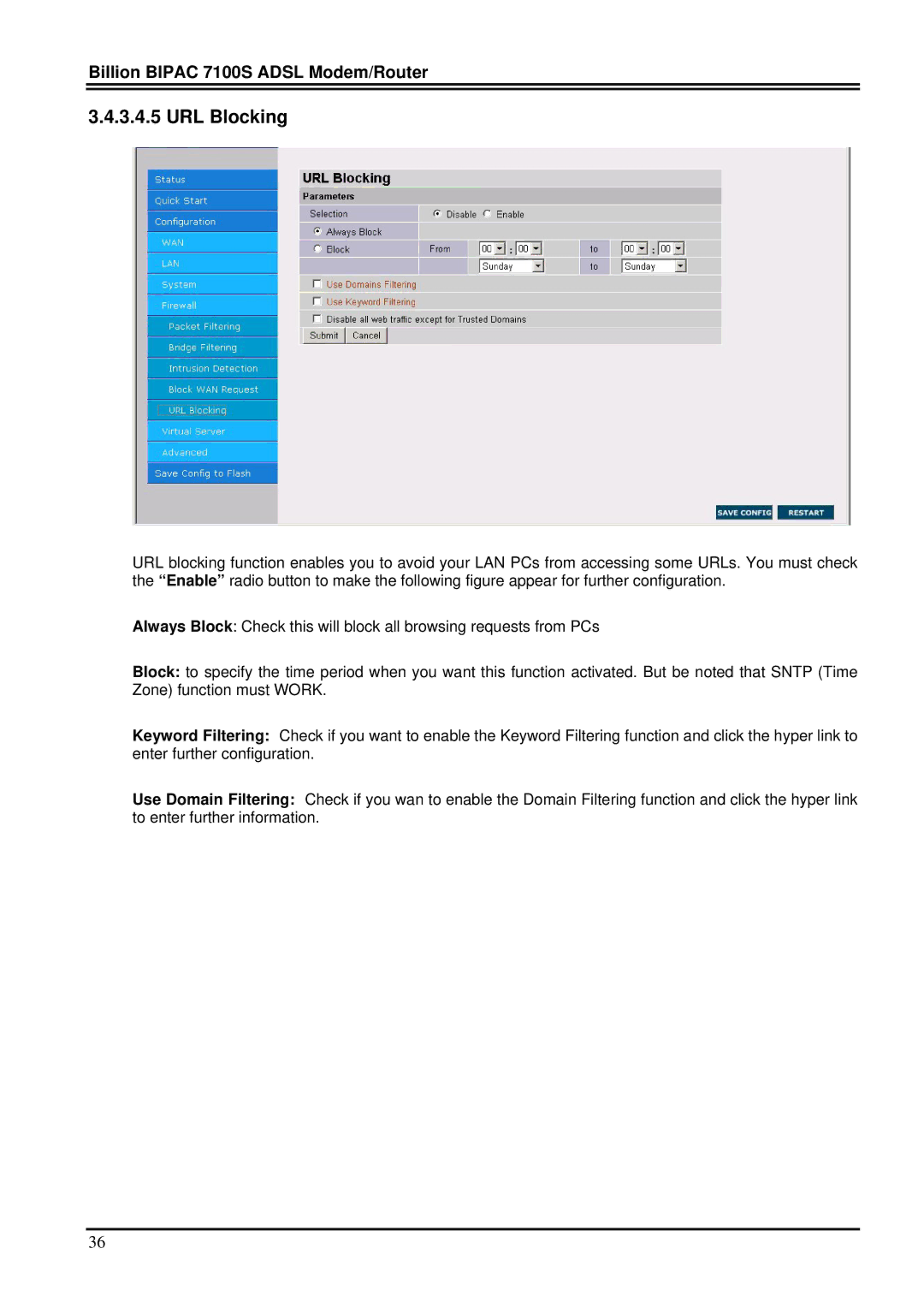 Billion Electric Company 7100S user manual URL Blocking 