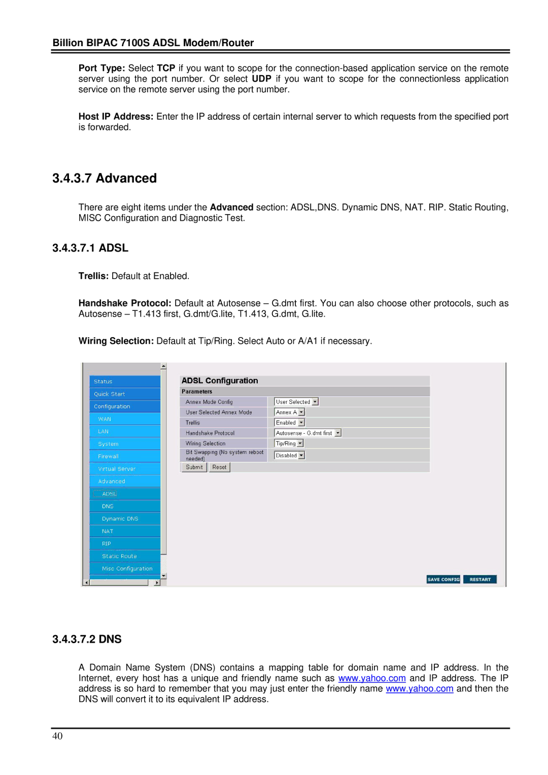 Billion Electric Company 7100S user manual Advanced, Adsl, 3.7.2 DNS 