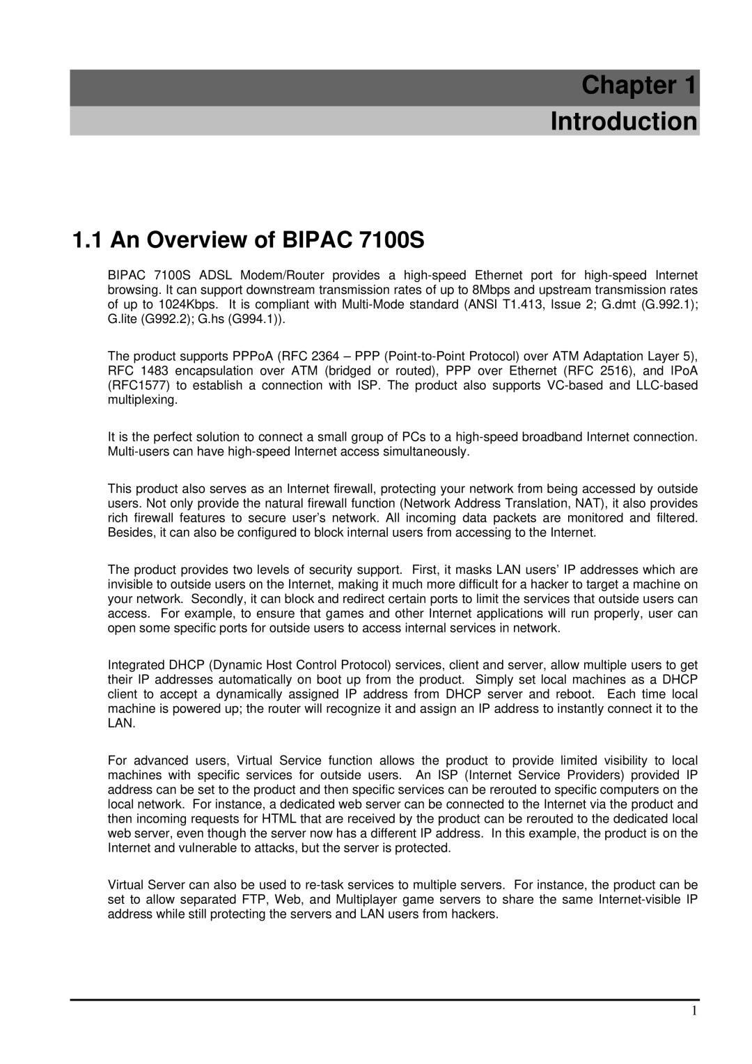 Billion Electric Company user manual Chapter Introduction, An Overview of Bipac 7100S 