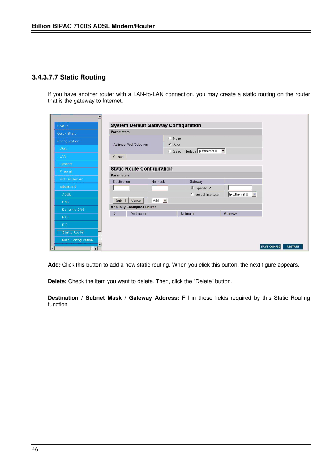 Billion Electric Company 7100S user manual Static Routing 