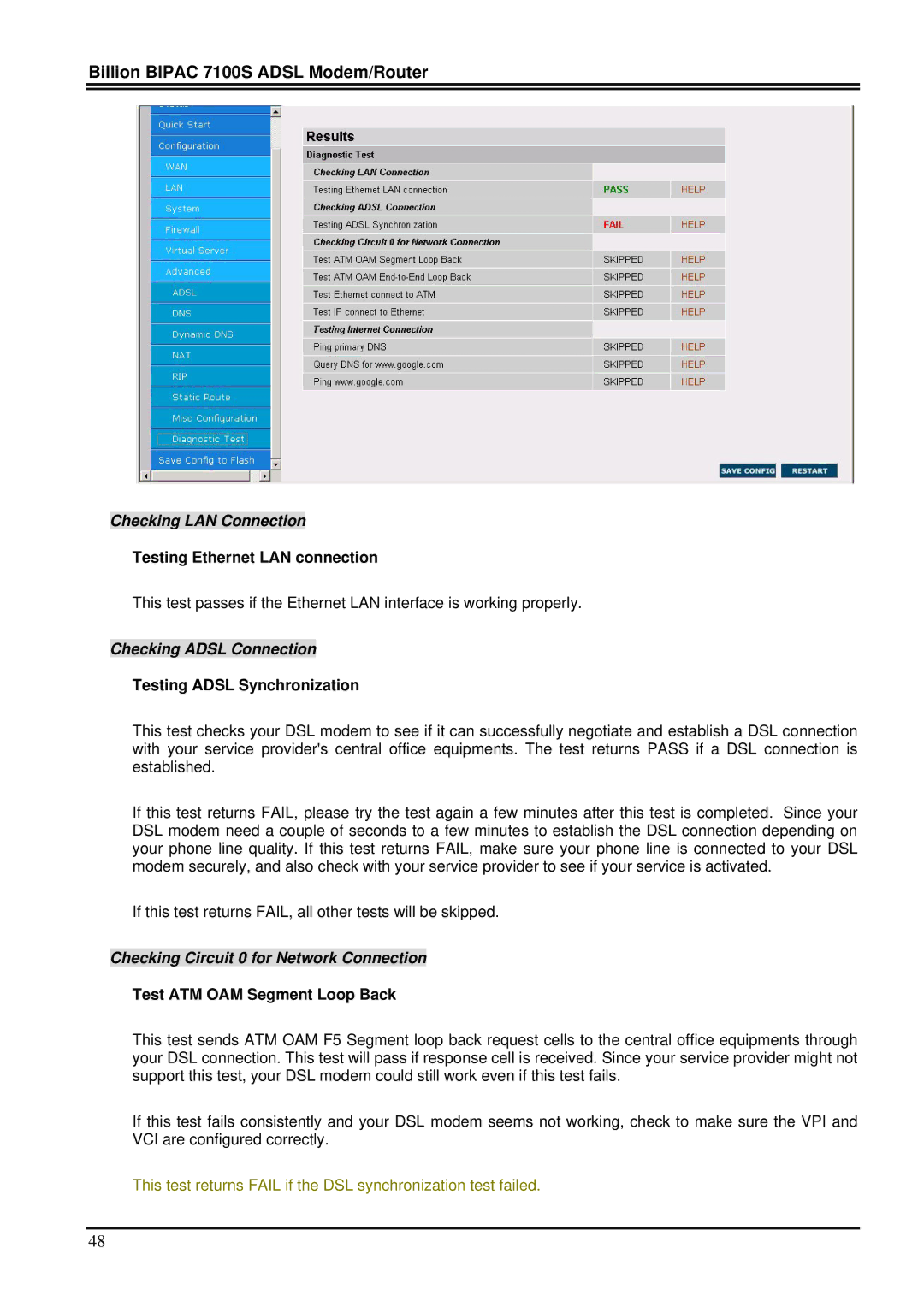 Billion Electric Company 7100S user manual Testing Ethernet LAN connection, Testing Adsl Synchronization 