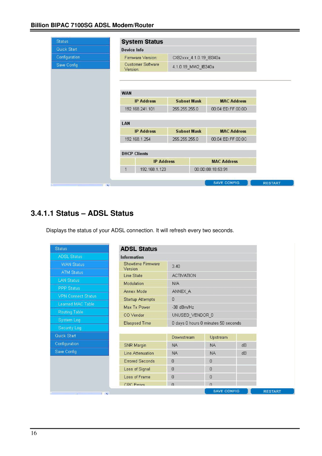 Billion Electric Company 7100SG manual Status Adsl Status 