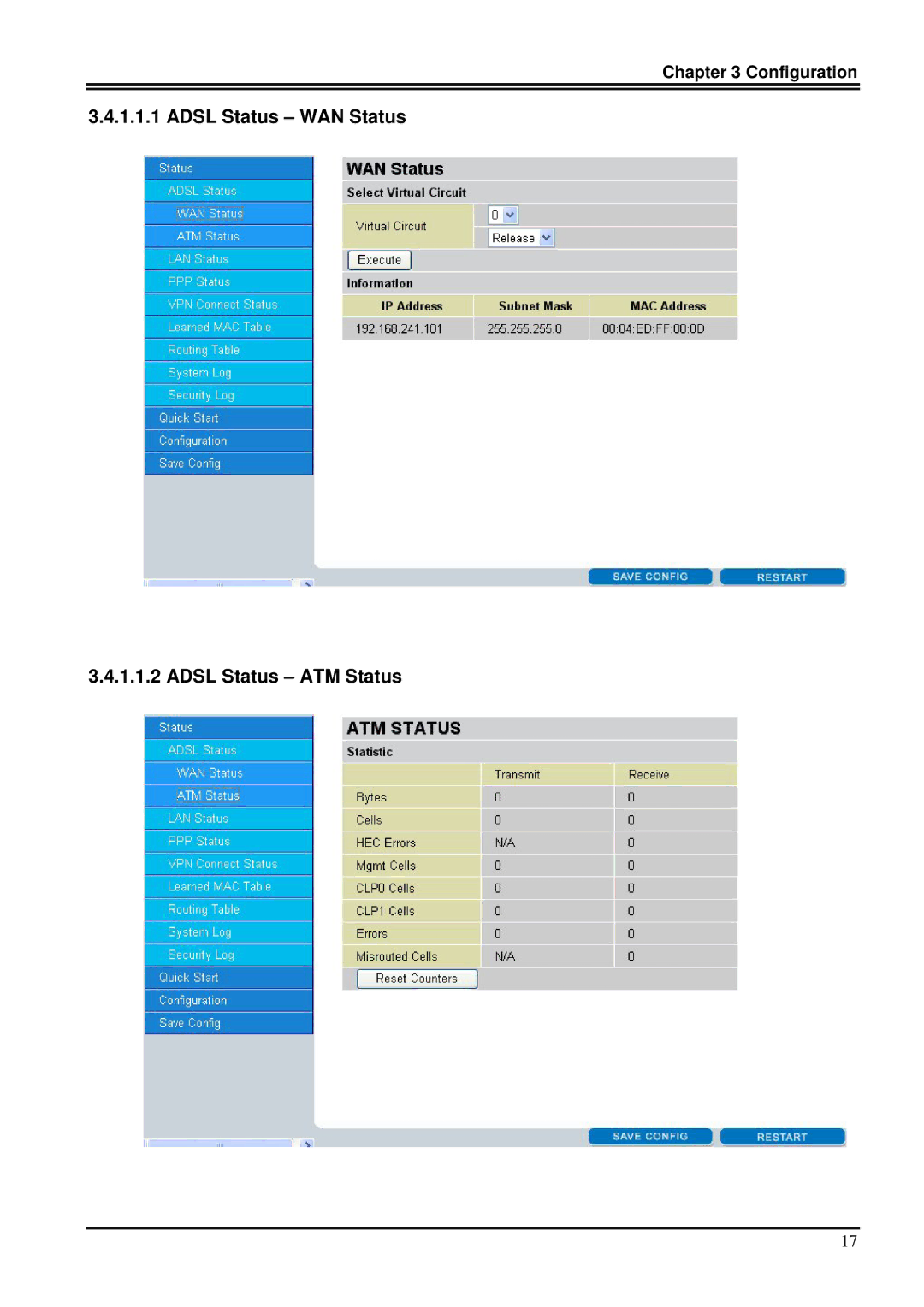 Billion Electric Company 7100SG manual Adsl Status WAN Status Adsl Status ATM Status 