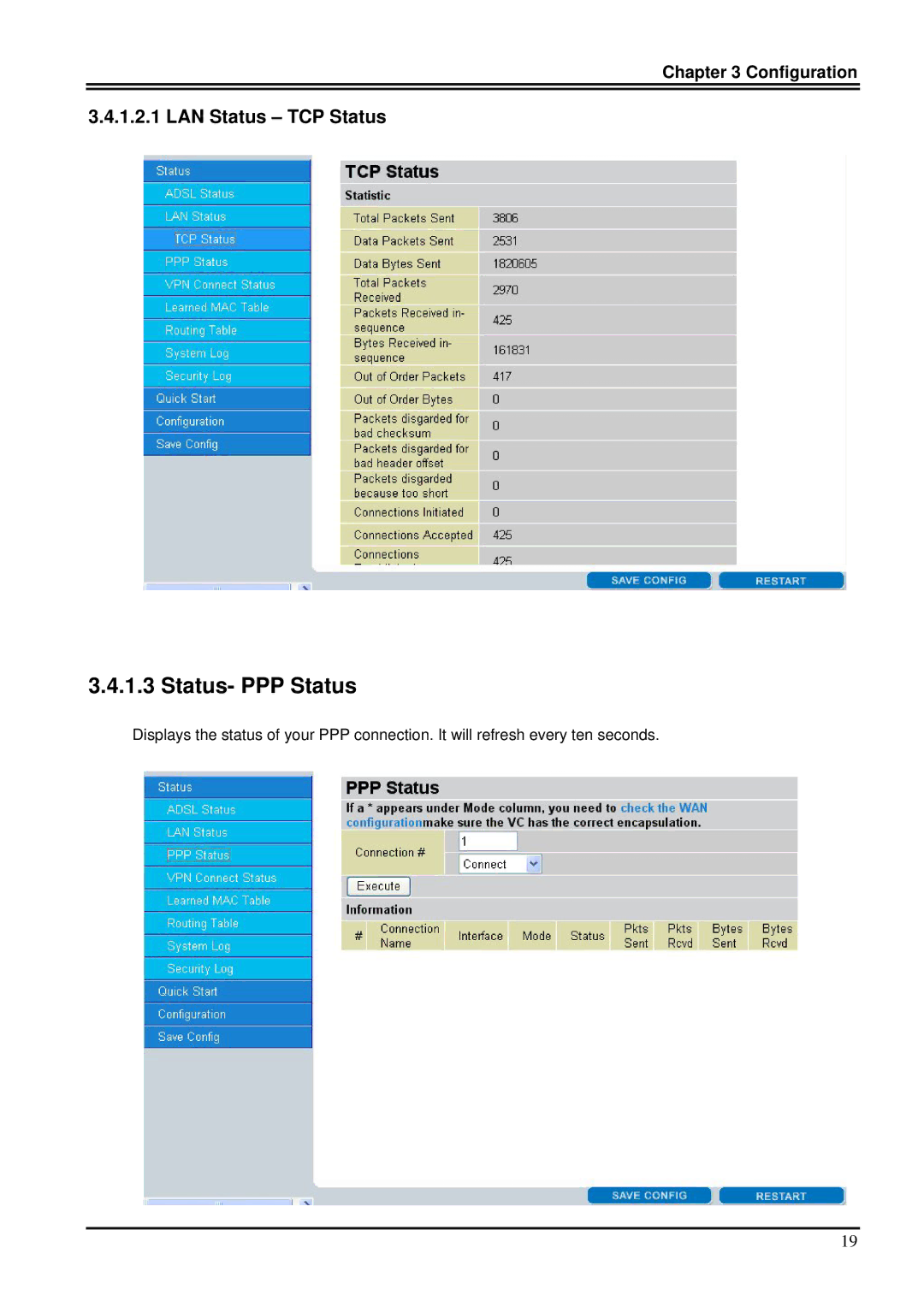 Billion Electric Company 7100SG manual Status- PPP Status, LAN Status TCP Status 