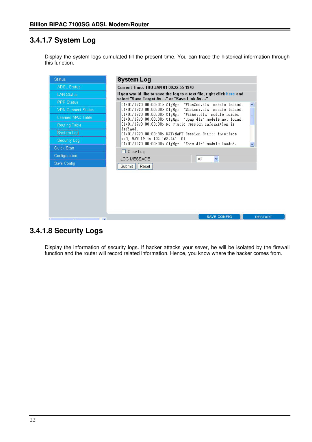 Billion Electric Company 7100SG manual System Log, Security Logs 