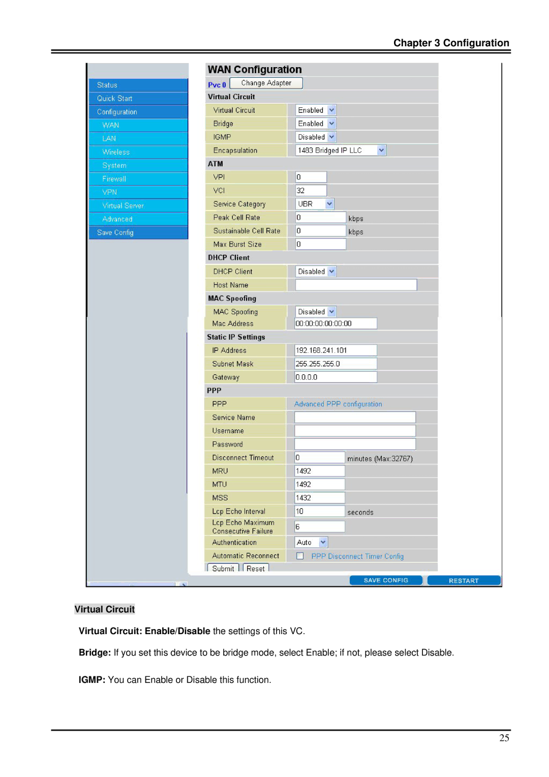 Billion Electric Company 7100SG manual Configuration 