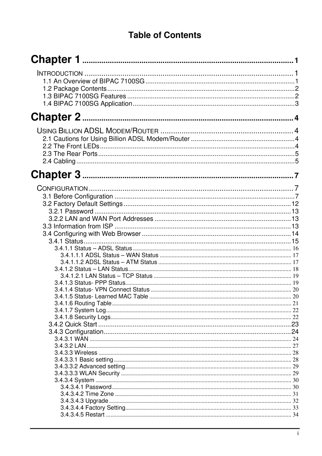 Billion Electric Company 7100SG manual Table of Contents 