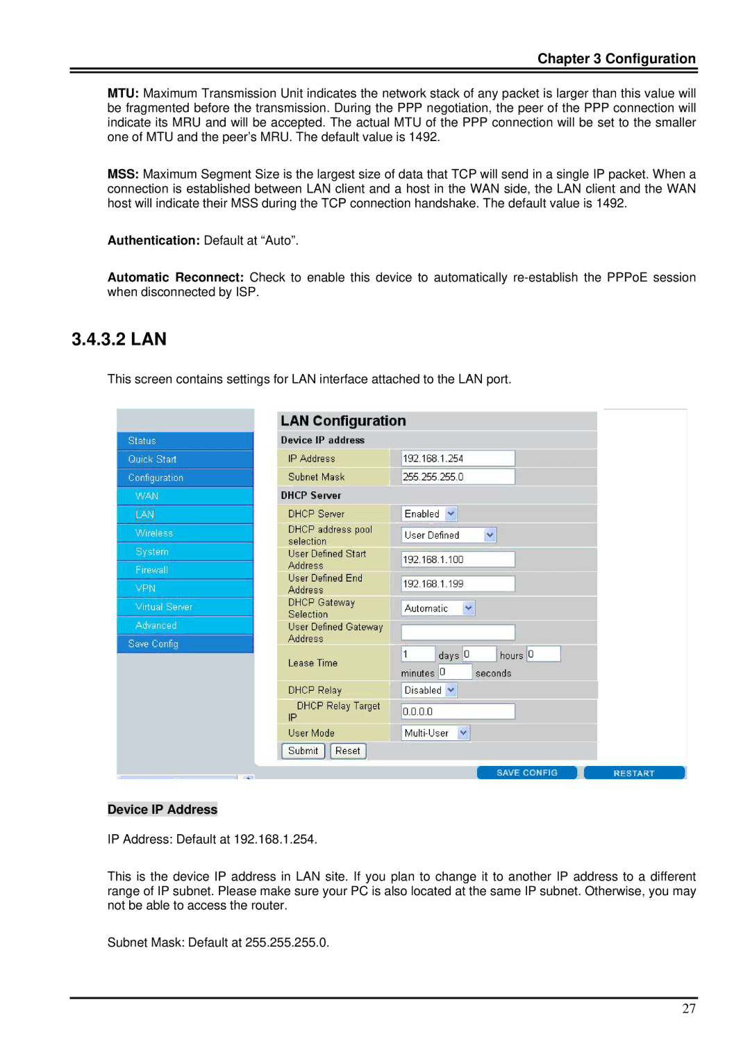 Billion Electric Company 7100SG manual 3.2 LAN, Device IP Address 