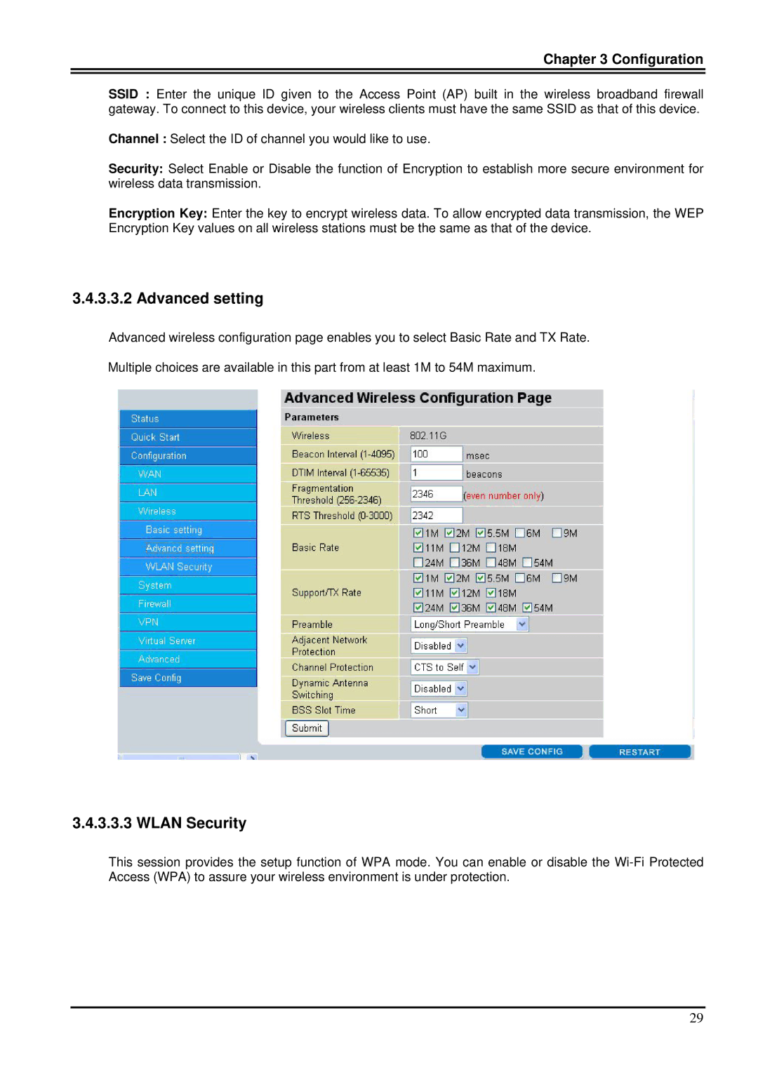 Billion Electric Company 7100SG manual Advanced setting, Wlan Security 