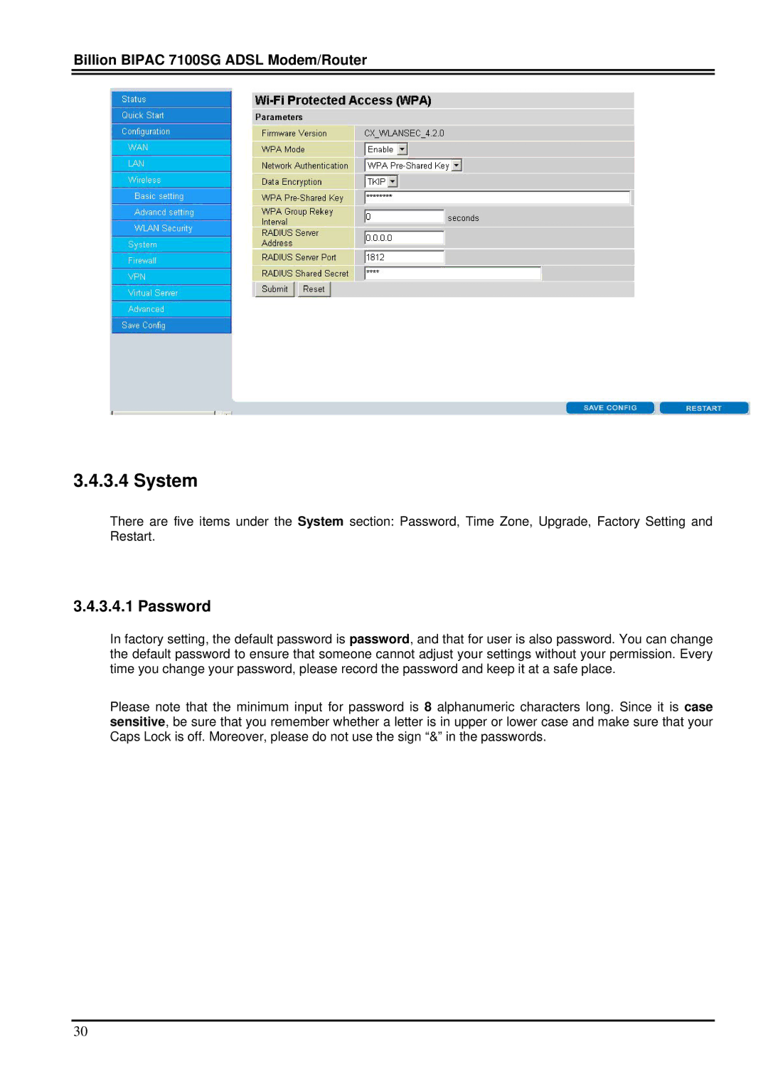 Billion Electric Company 7100SG manual System, Password 