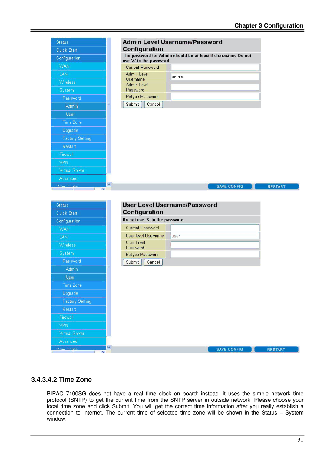 Billion Electric Company 7100SG manual Time Zone 