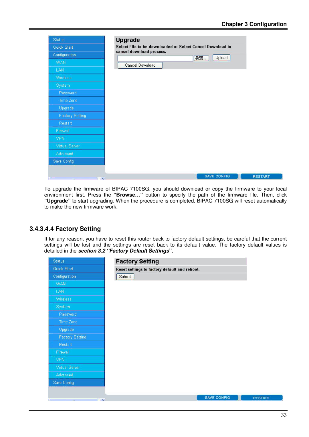 Billion Electric Company 7100SG manual Factory Setting 