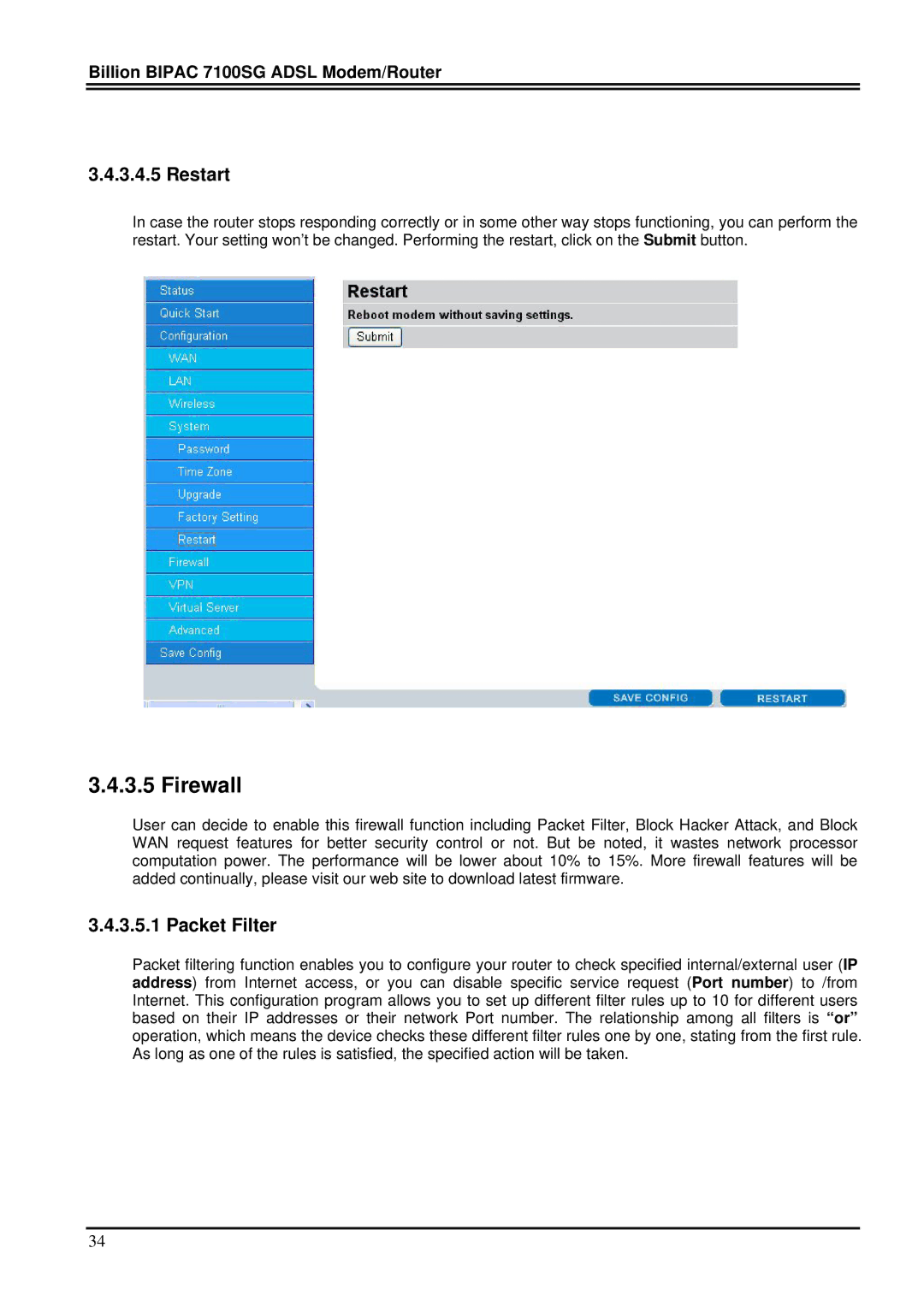 Billion Electric Company 7100SG manual Firewall, Restart, Packet Filter 