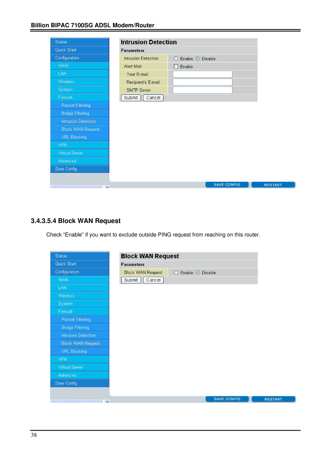 Billion Electric Company 7100SG manual Block WAN Request 