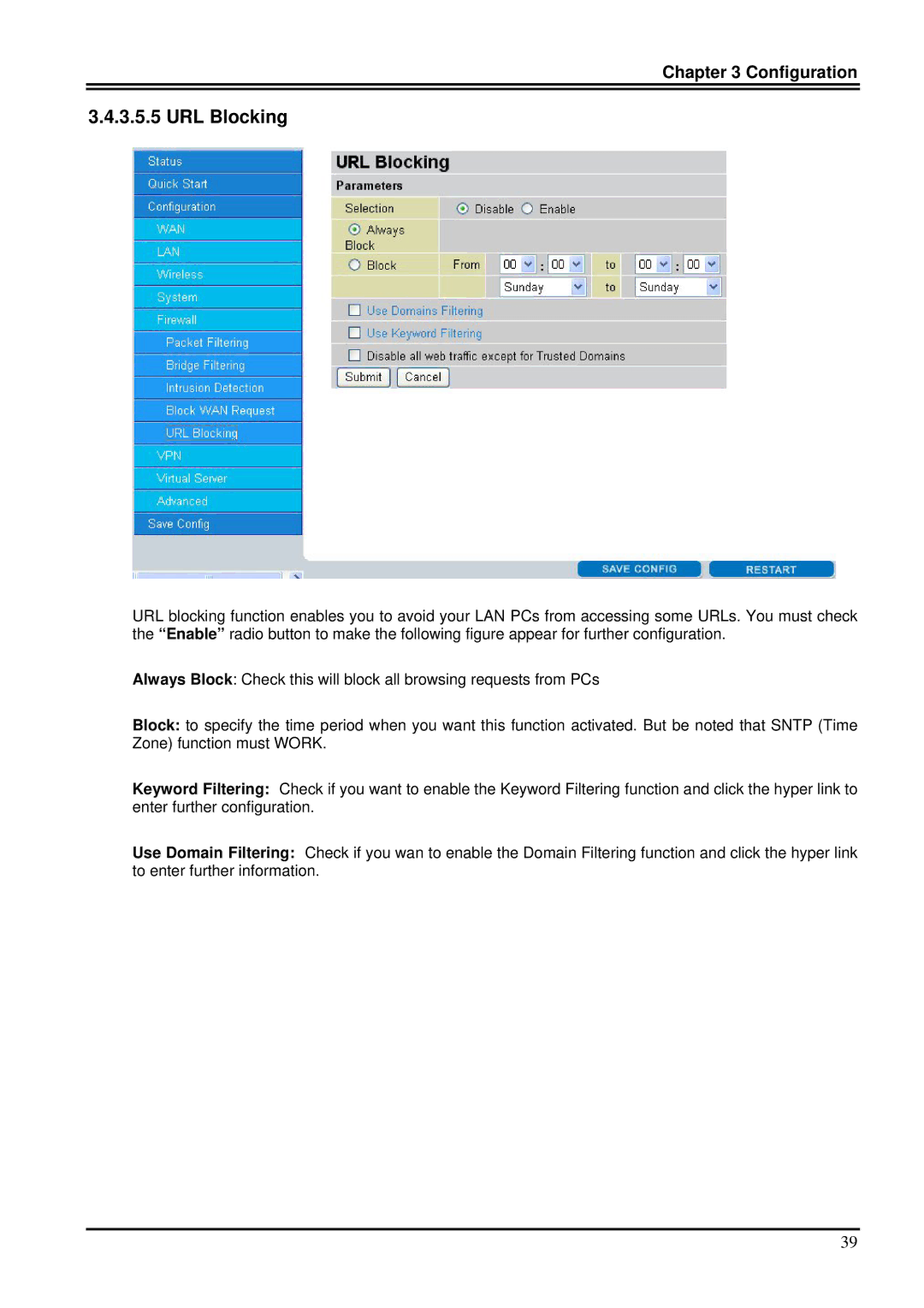 Billion Electric Company 7100SG manual URL Blocking 