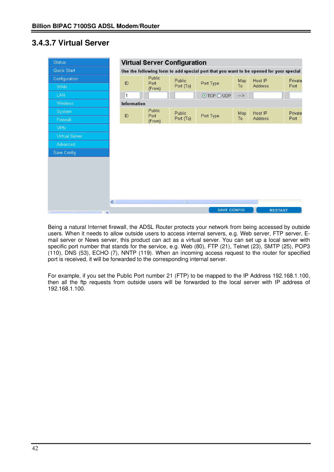 Billion Electric Company 7100SG manual Virtual Server 