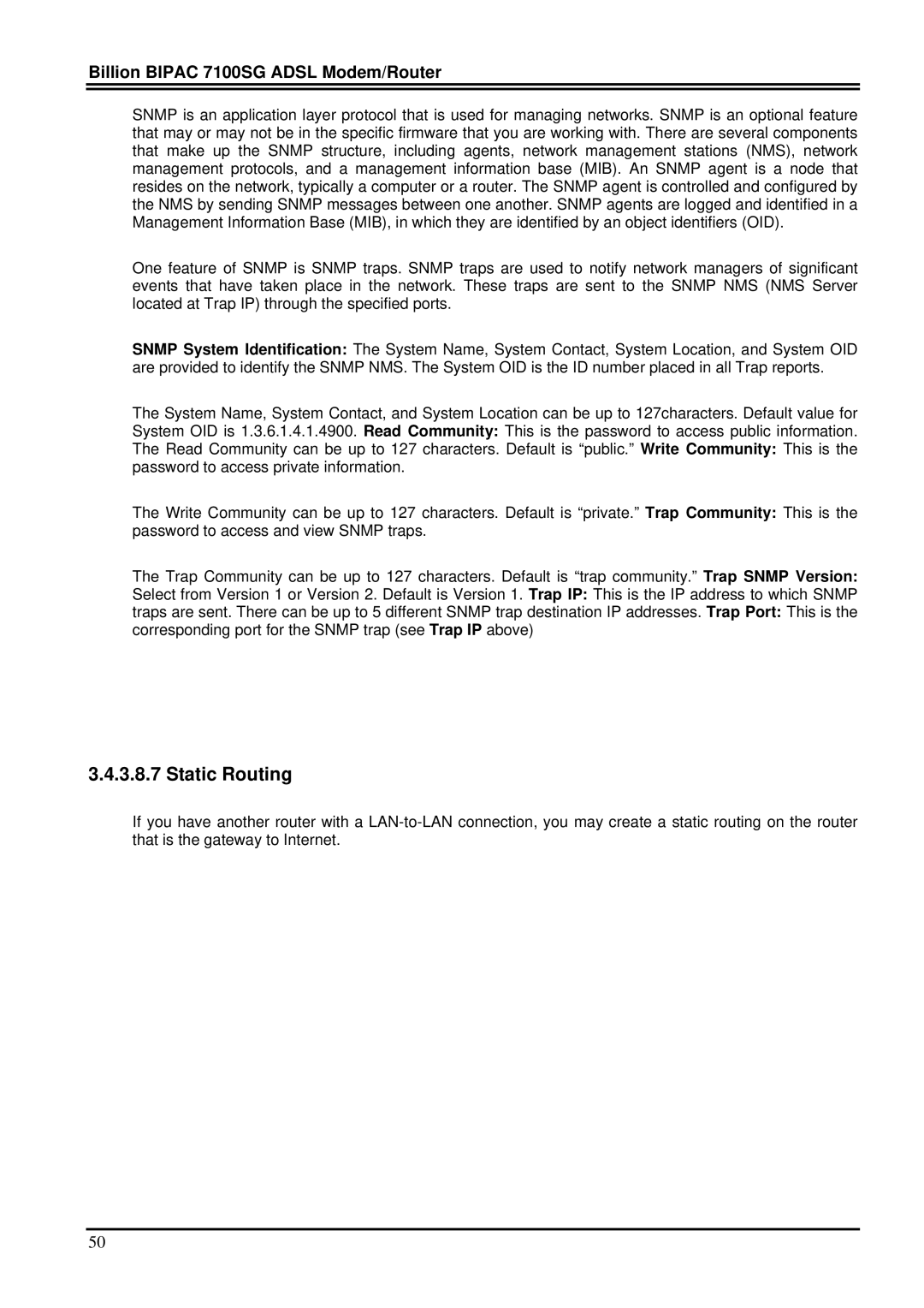 Billion Electric Company 7100SG manual Static Routing 