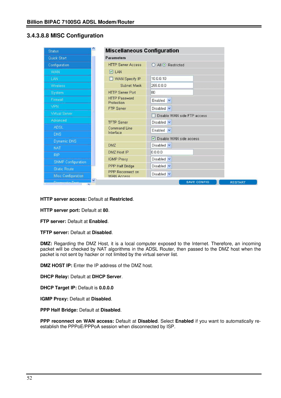 Billion Electric Company 7100SG manual Misc Configuration 